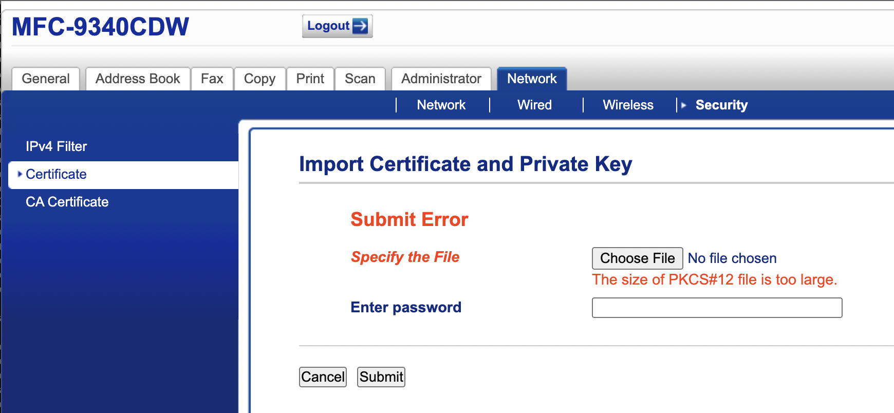[Certificate and Private Key Import error]
